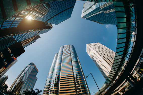 wide angle view of city buildings