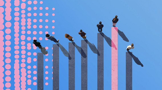 Illustration of people standing on vertical bars of different heights,    resembling a bar graph. The background is blue with pink circular patterns on the left.