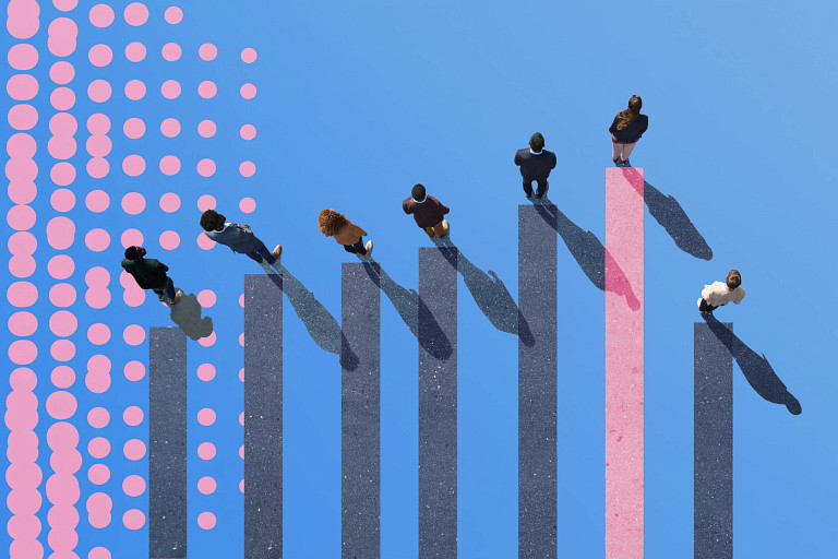 Illustration of people standing on vertical bars of different heights,    resembling a bar graph. The background is blue with pink circular patterns on the left.