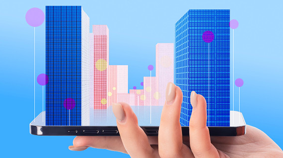 colorful montage with a woman's hand holding a city emerging from her phone
