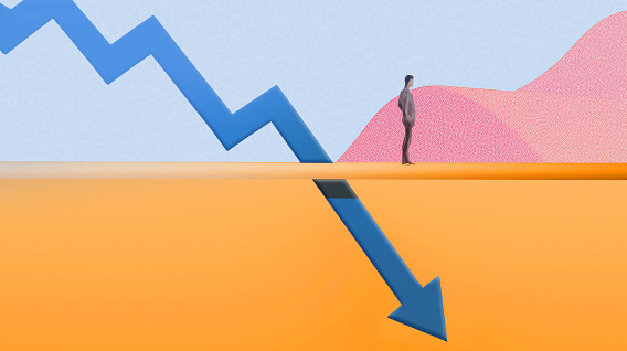 A stylized image featuring a person standing on a flat surface with a contrasting upward blue zigzag line and a downward arrow in dark blue. The background has soft gradients of orange and pastel colors, with subtle hills or waves.