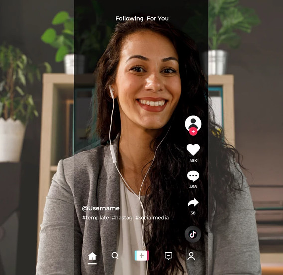 Woman with headphones inside a TikTok mobile interface