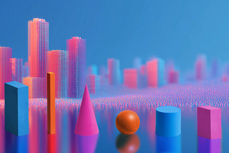 A vibrant and surreal cityscape with glowing pink and blue skyscrapers in the background, composed of abstract, grid-like patterns. In the foreground are colorful geometric shapes—blue rectangular prism, orange rectangular prism, magenta cone, orange sphere, blue cylinder, and magenta cube—arranged on a reflective surface that mirrors the shapes and the cityscape. The scene has a futuristic and artistic atmosphere.