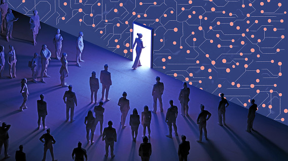 colorful montage with sillhouettes of people walking into a bright doorway into a wall of data