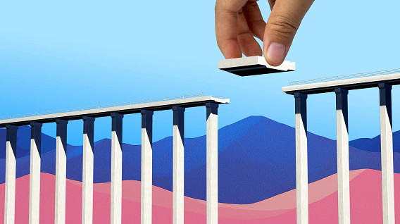 colorful montage of a hand placing the last section of concrete into the gap in a bridge