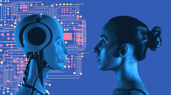 colourful montage with a robot and woman's face staring into each other's eyes